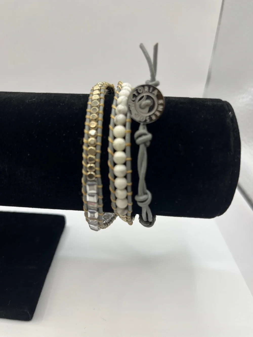 Victoria Emerson White and Gold Multi-Strand Wrap Bracelet Gray Leather